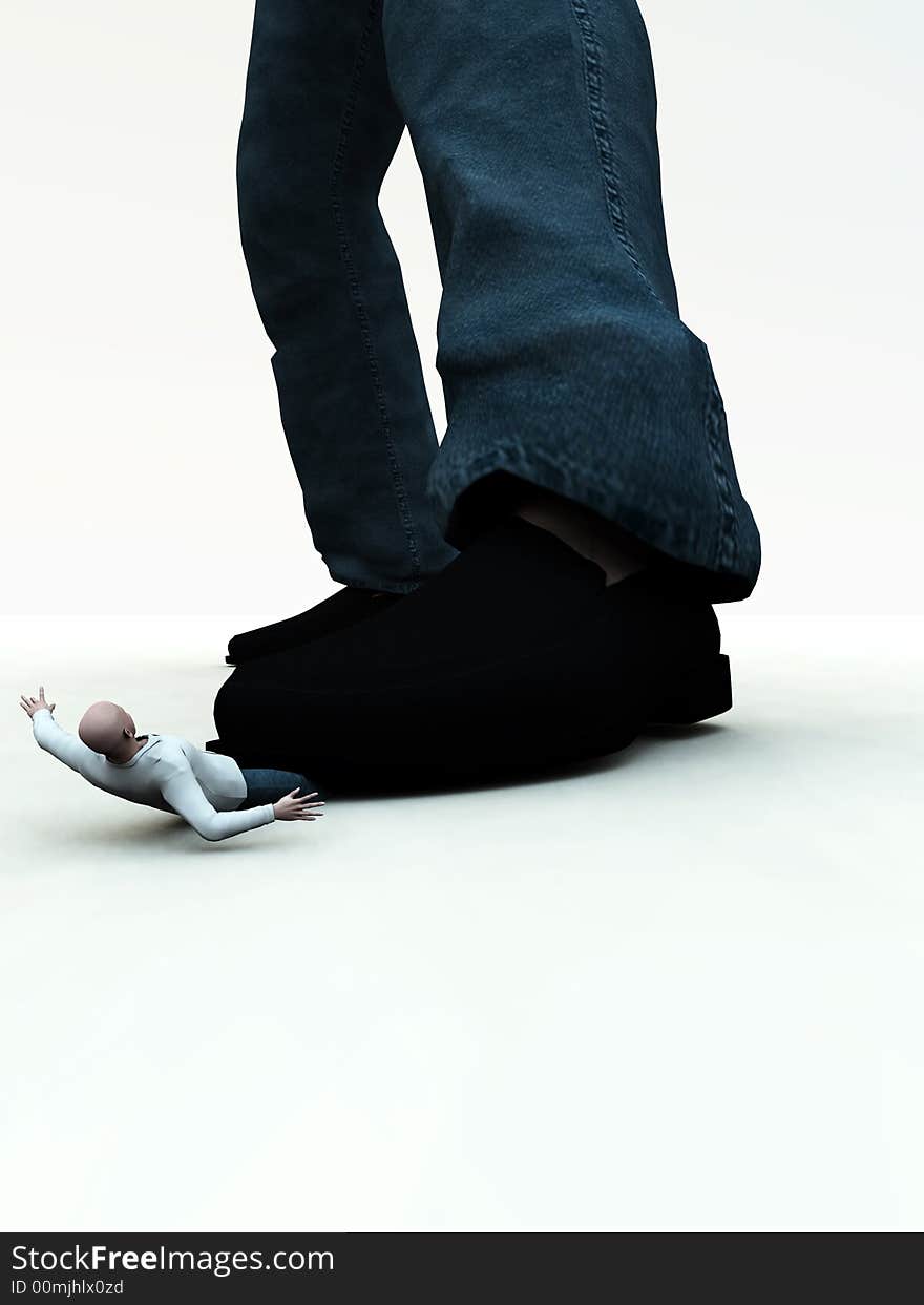 A conceptual image of a man being crushed and oppressed by a large foot. A conceptual image of a man being crushed and oppressed by a large foot.