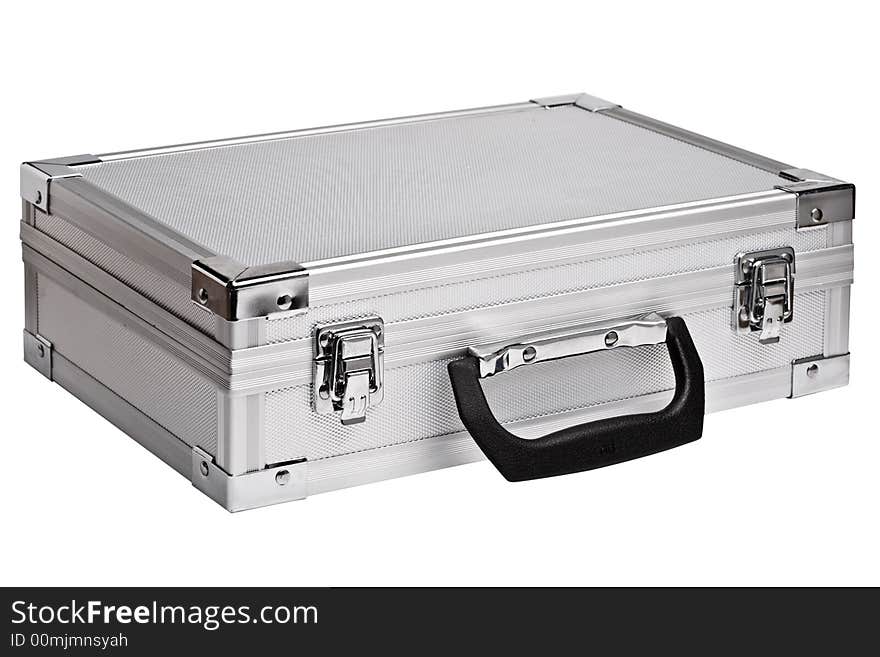 Close up of the silver briefcase on the white. Close up of the silver briefcase on the white