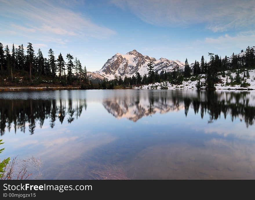 Picture Lake reflection of Mount Shuksan with snow. Picture Lake reflection of Mount Shuksan with snow