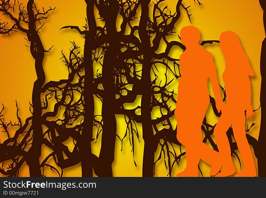 Silhouettes of couple walking hand in hand in woods. Silhouettes of couple walking hand in hand in woods