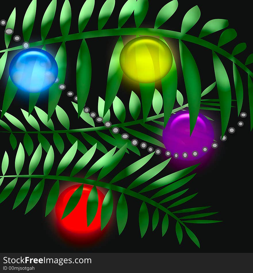 Christmas tree boughs with ornaments  on  black background. Christmas tree boughs with ornaments  on  black background