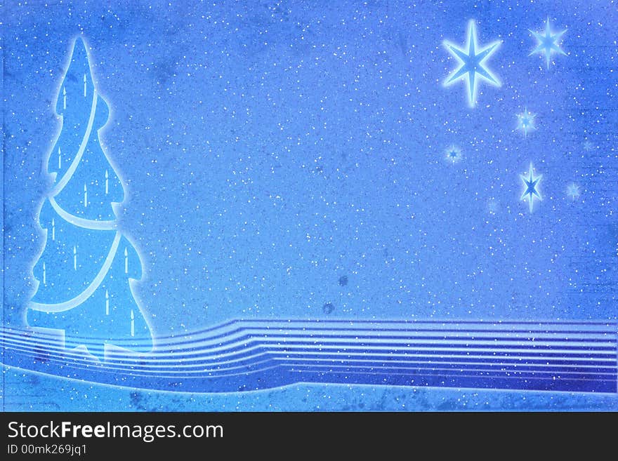 Christmas related illustration, grungy background with tree and stars, snowy, in blue shade. Christmas related illustration, grungy background with tree and stars, snowy, in blue shade