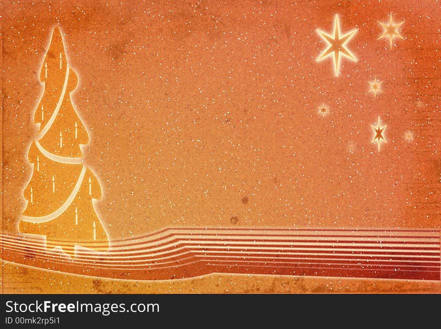 Christmas related illustration, grungy background with tree and stars, snowy. Christmas related illustration, grungy background with tree and stars, snowy