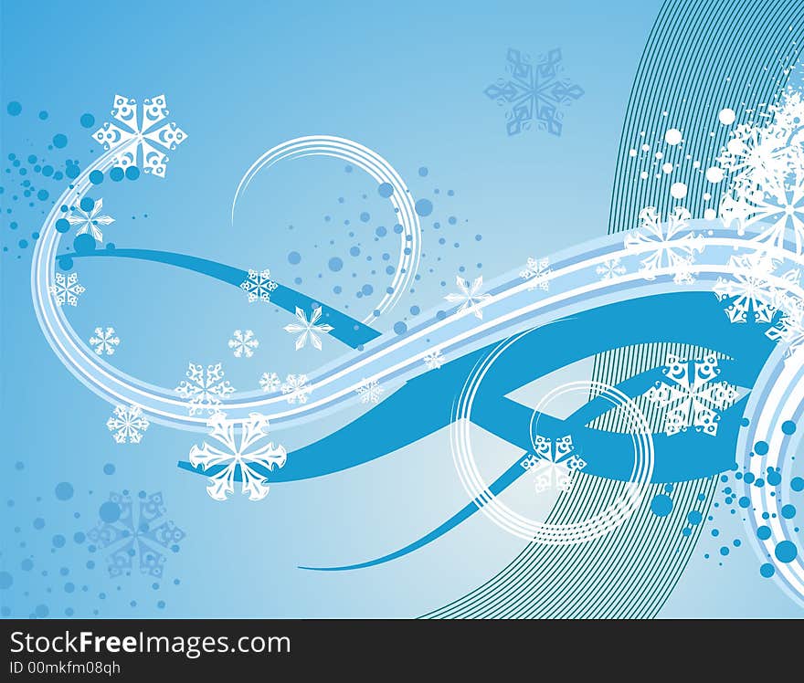 Abstract winter background series with snowflakes and waves,  illustration in blue and white colors. Abstract winter background series with snowflakes and waves,  illustration in blue and white colors.