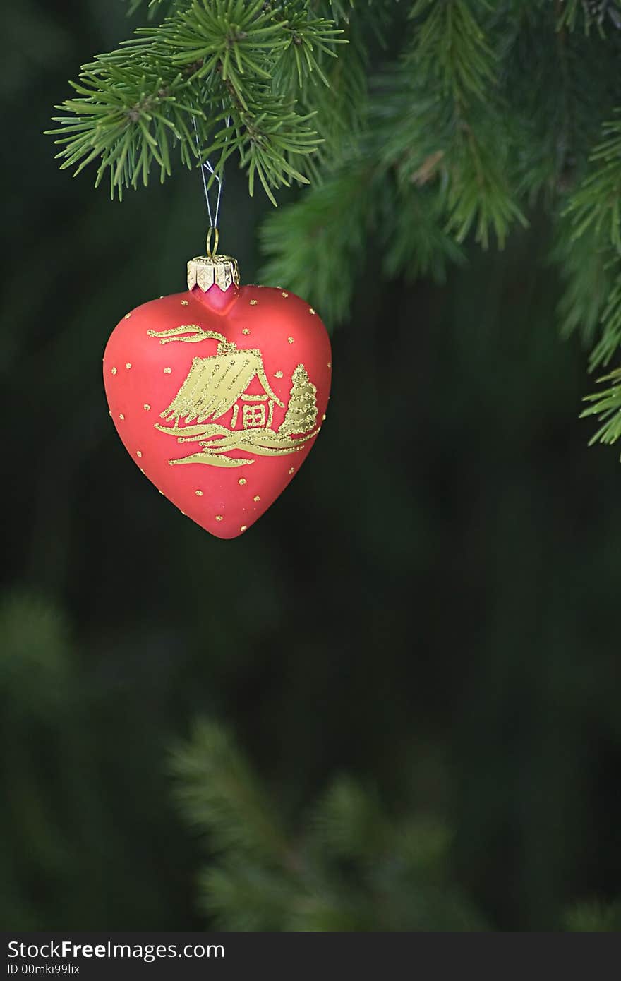 Heart shape christmas tree decoration on green coniferous tree. Heart shape christmas tree decoration on green coniferous tree