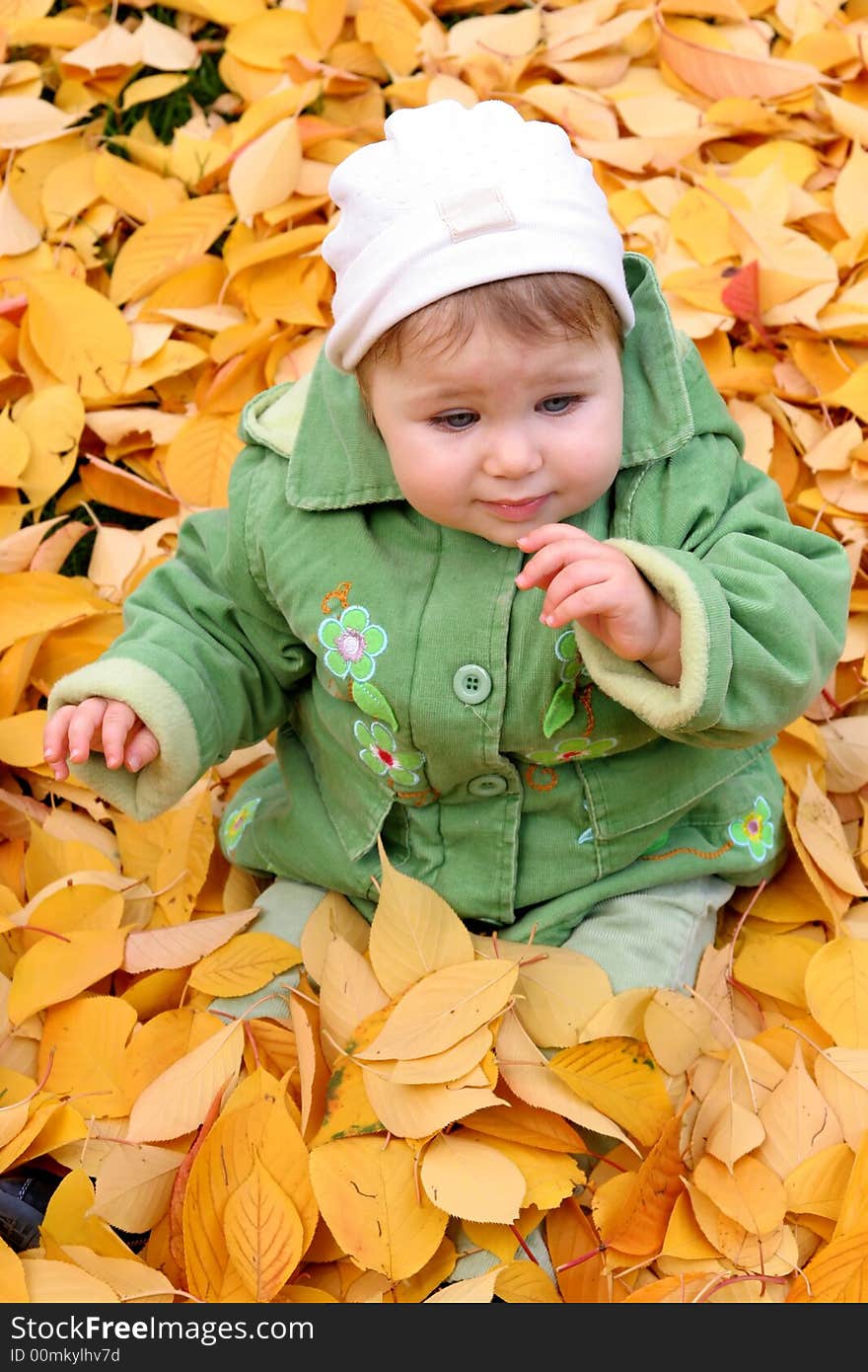 Baby In Autumn Leaves