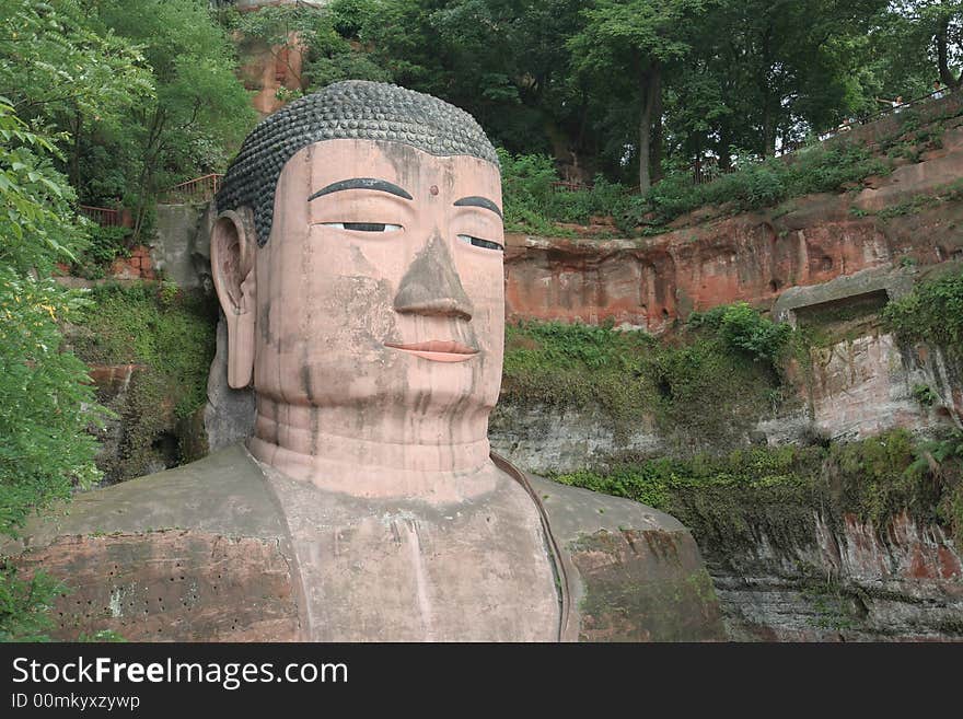 Grand Buddha statue in Leshan, China. It was finished in the year 803, and is in total 71 meters high.