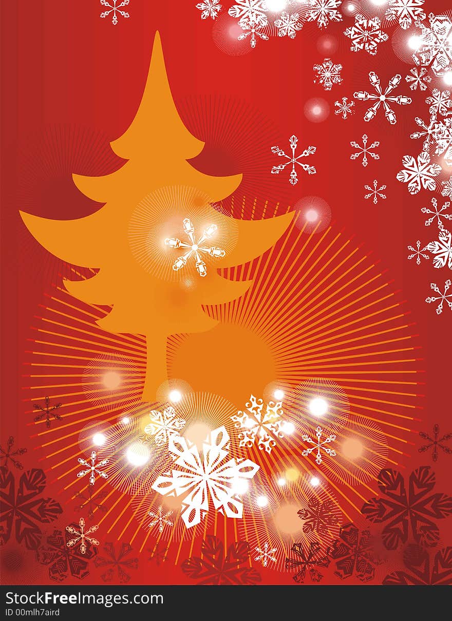 Winter holiday background with many snowflakes and a pine tree, illustration.