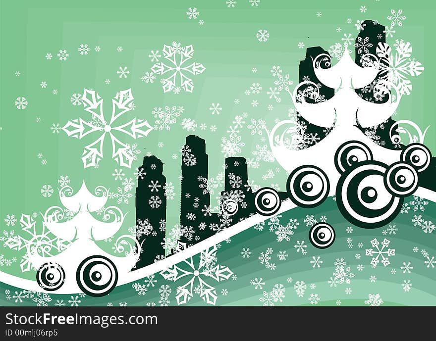 Abstract winter background with a pine tree, a cityscape and snowflakes,  illustration series. Abstract winter background with a pine tree, a cityscape and snowflakes,  illustration series.