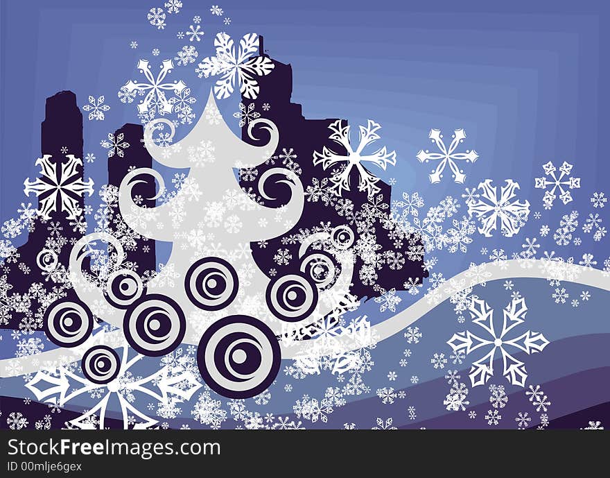 Abstract winter background with a pine tree, a cityscape and snowflakes, illustration series. Abstract winter background with a pine tree, a cityscape and snowflakes, illustration series.