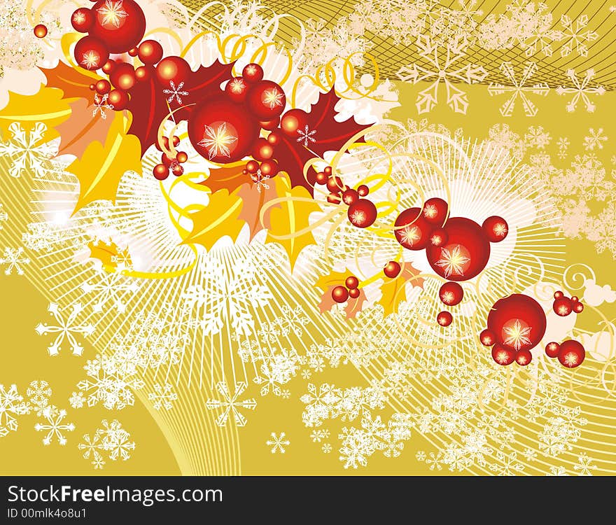 Winter holiday background with snowflakes, leaves and ribbons,  illustration in yellow and red colors. Winter holiday background with snowflakes, leaves and ribbons,  illustration in yellow and red colors.