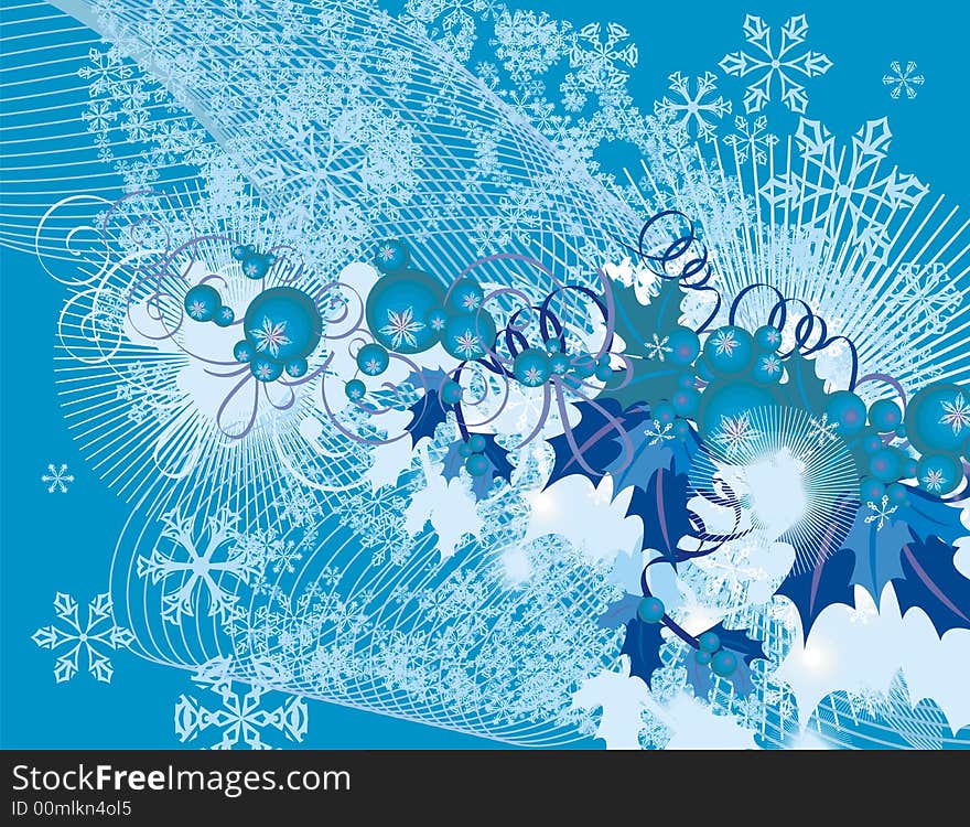 Winter holiday background with snowflakes, leaves and ribbons,  illustration in blue colors. Winter holiday background with snowflakes, leaves and ribbons,  illustration in blue colors.