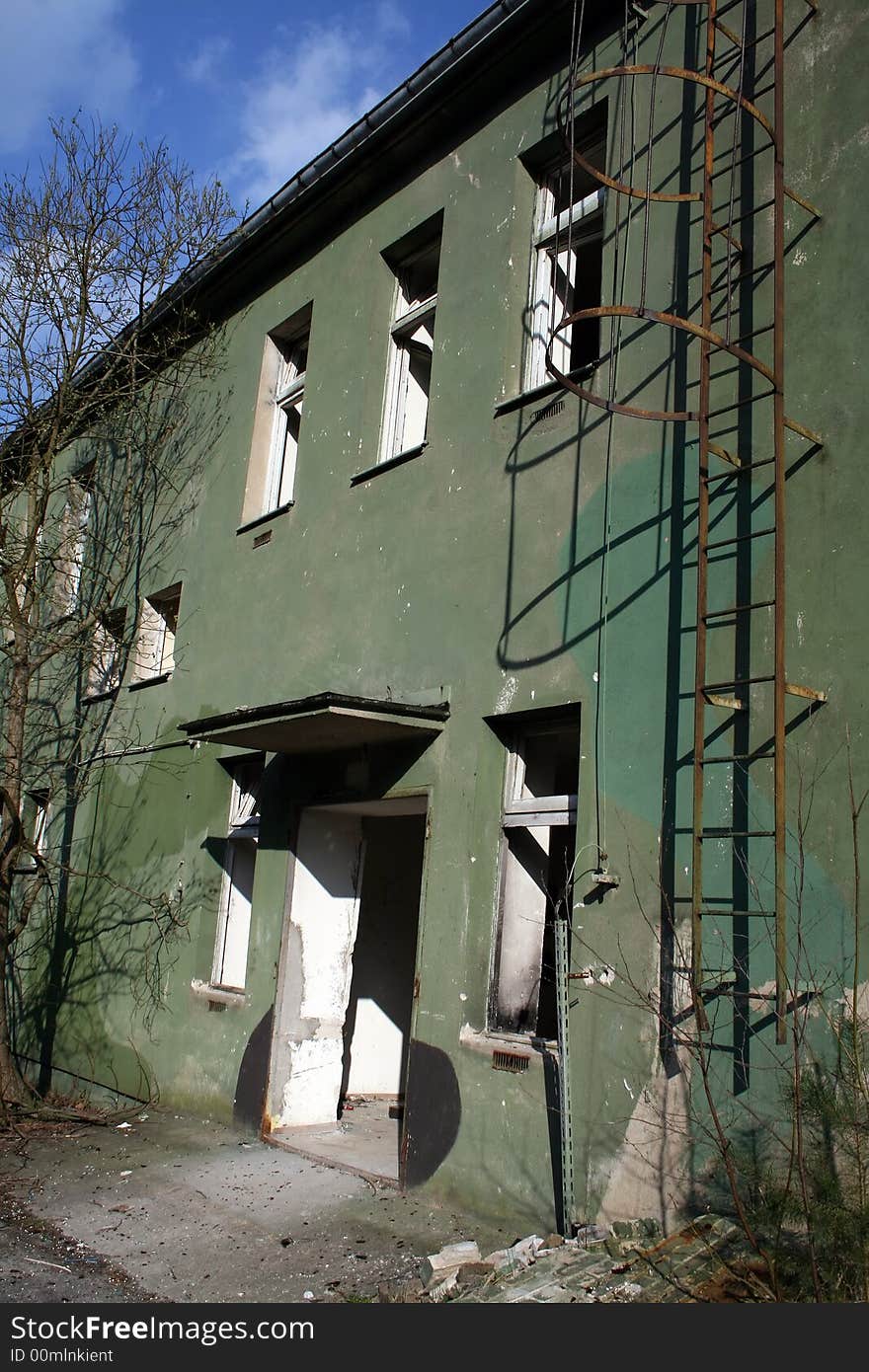 Main entrance to the abandoned military building