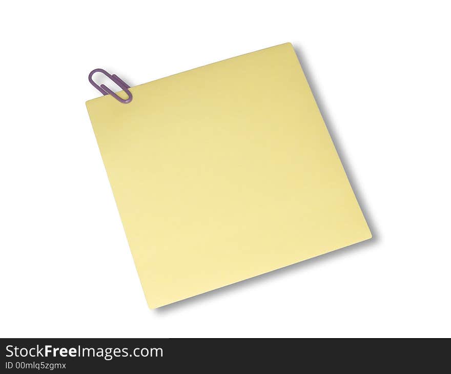 Yellow not and paperclip on a white background. Yellow not and paperclip on a white background