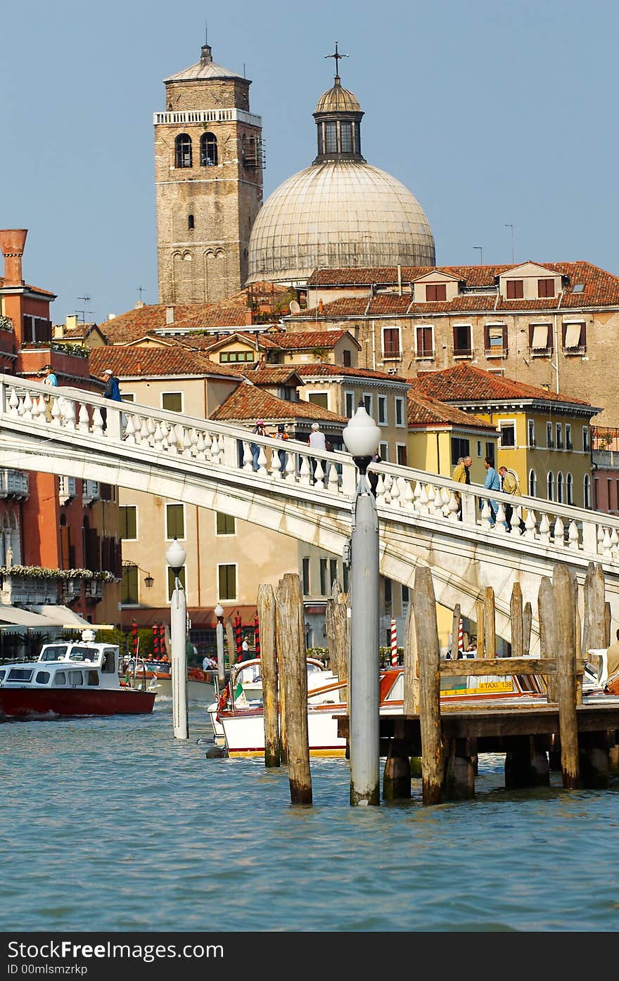 Detail of stone bridge over Canal Grande in Venice