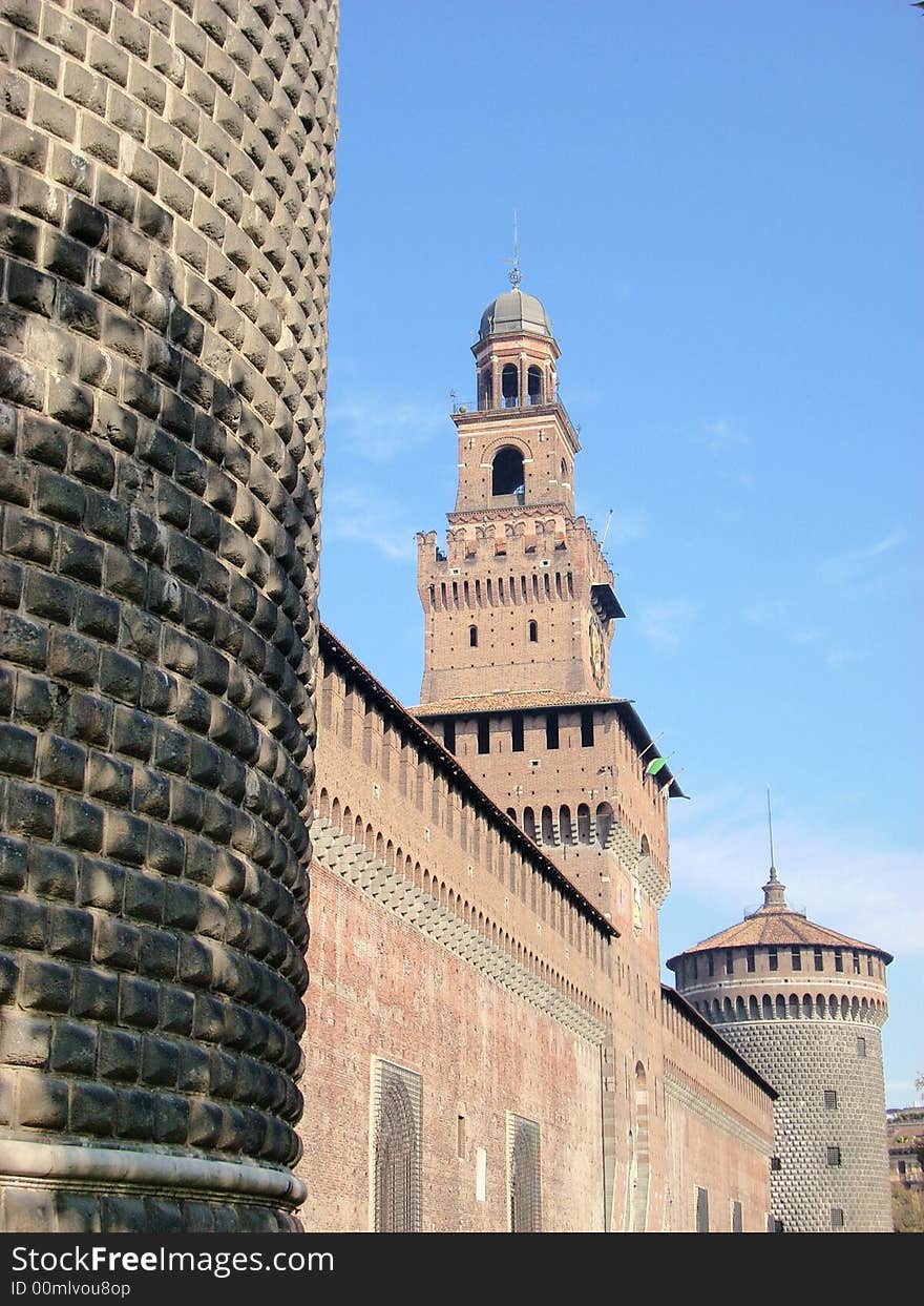 The front of the castle sforzesco in Milan with a particular perspective