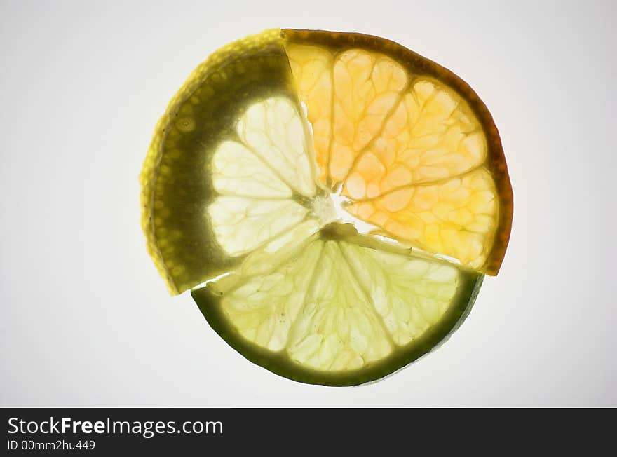 Lime, orange and lemon slices, isolated and backlit with white backdrop, contacted