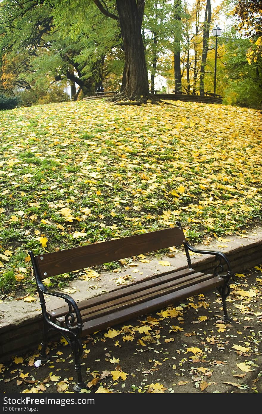 Nice view from a park in the Autumn with bench. Nice view from a park in the Autumn with bench