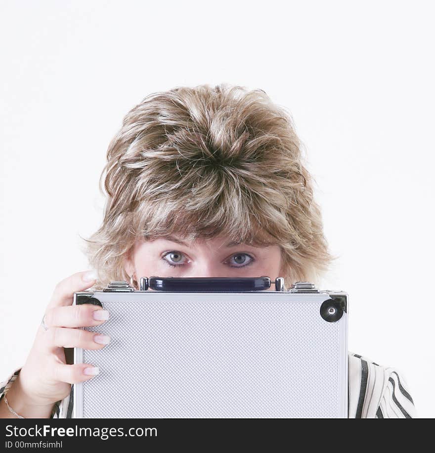 Woman holding metal case