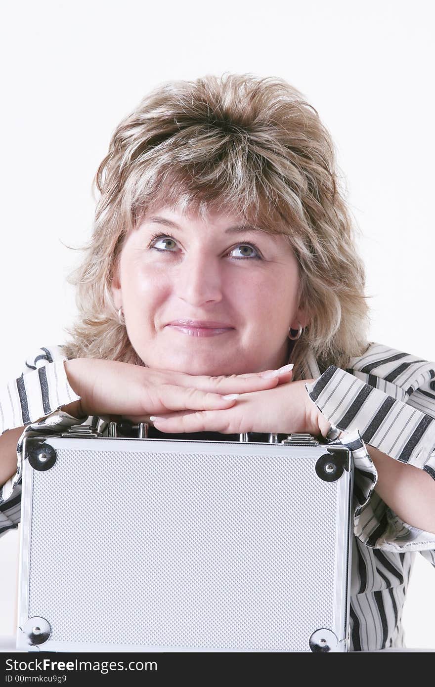 Woman holding metal case