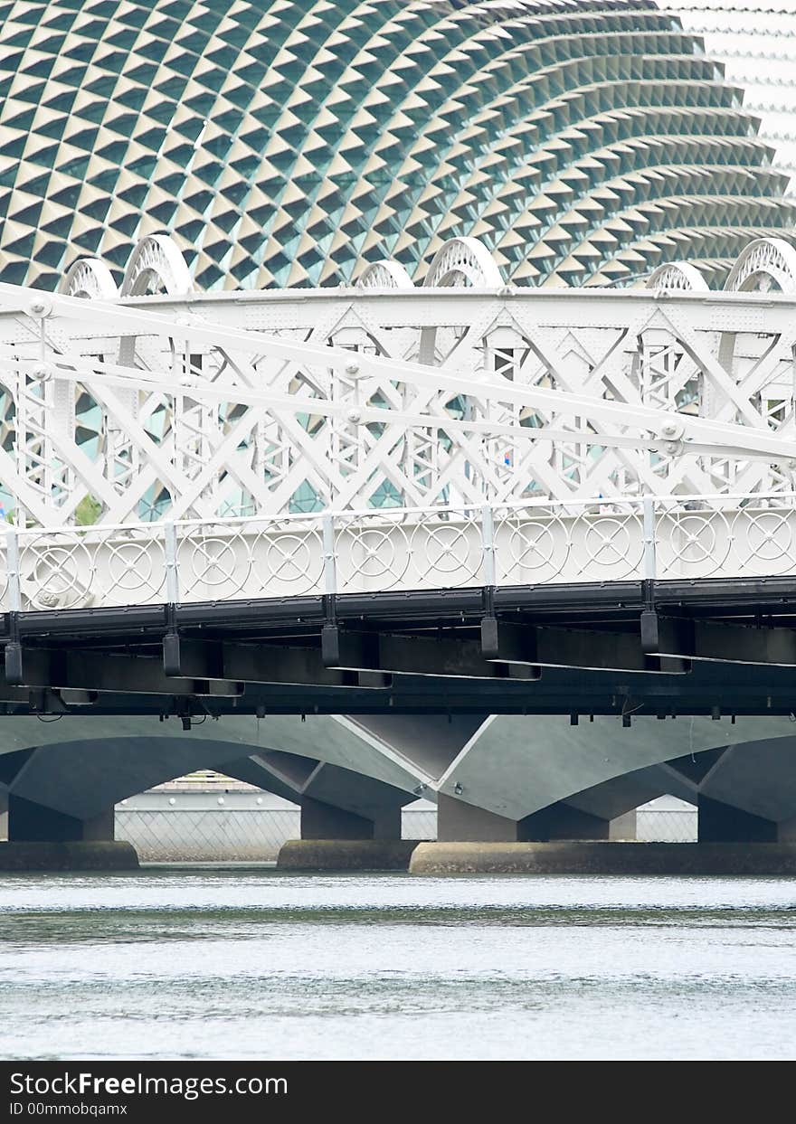 The Cavenagh Bridge, teh Anderson Bridge and the Esplanade Bridge built over a span of more than a century superimposed on each other against the background of the Singapore Esplanade Theatre. The Cavenagh Bridge, teh Anderson Bridge and the Esplanade Bridge built over a span of more than a century superimposed on each other against the background of the Singapore Esplanade Theatre