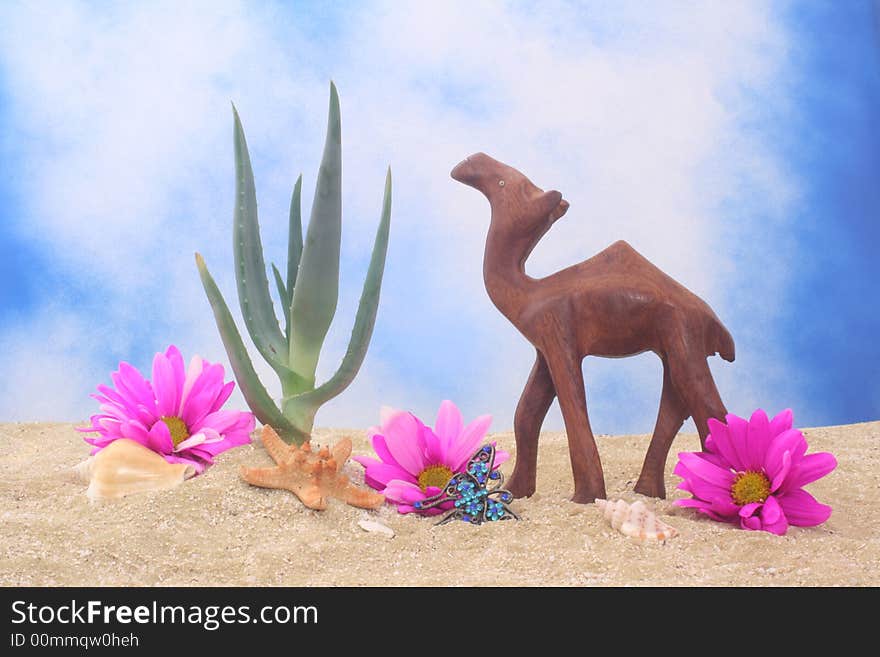 Aloe Plant on Sand With Camel and Flowers. Aloe Plant on Sand With Camel and Flowers