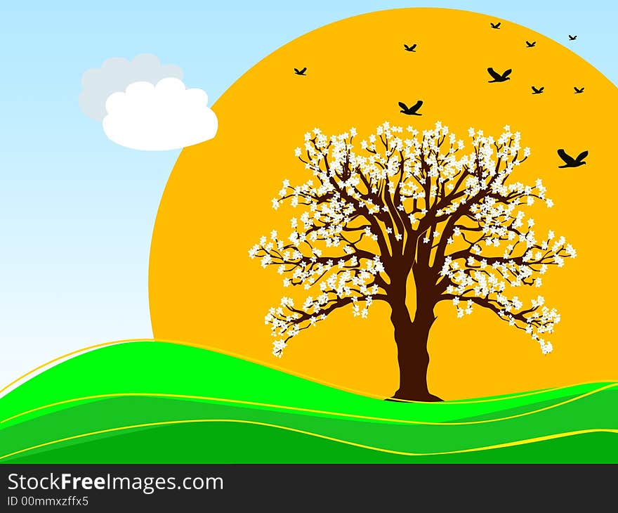 Colorful illustration of spring flower tree with birds. Colorful illustration of spring flower tree with birds