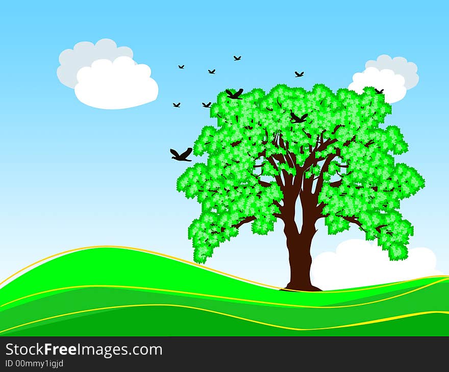 Colorful illustration of spring tree with birds