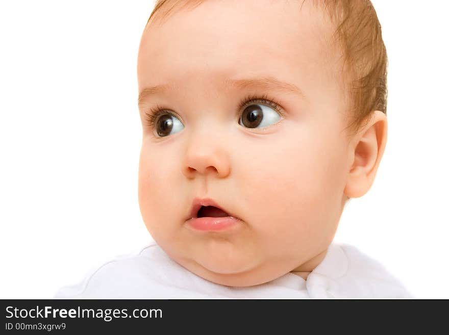 Portrait of cute little baby on white background