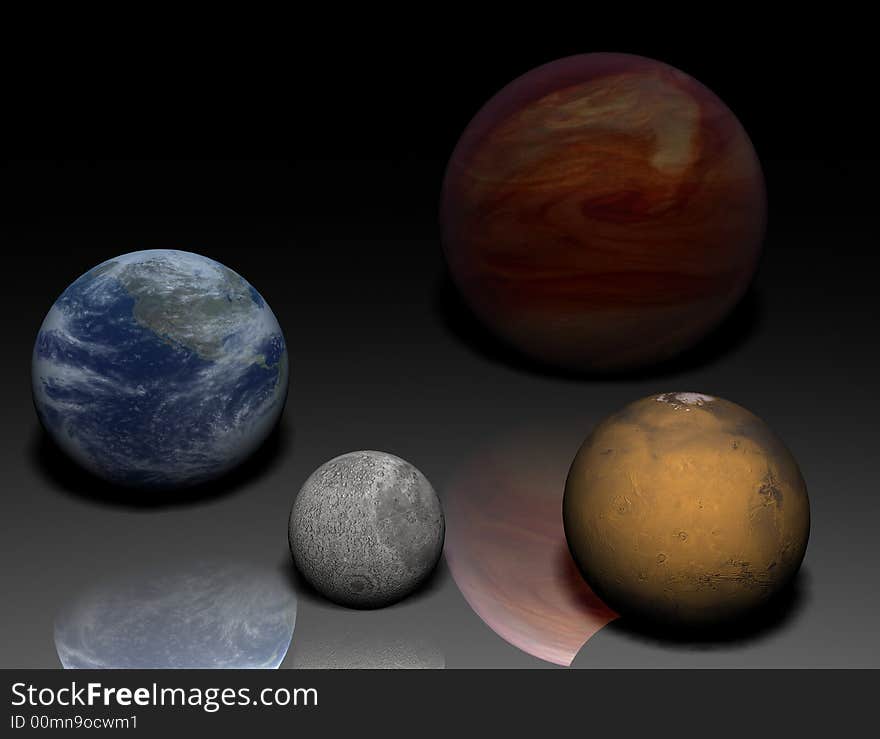 Solar systems planets - Earth, Mars, Jupiter, Moon