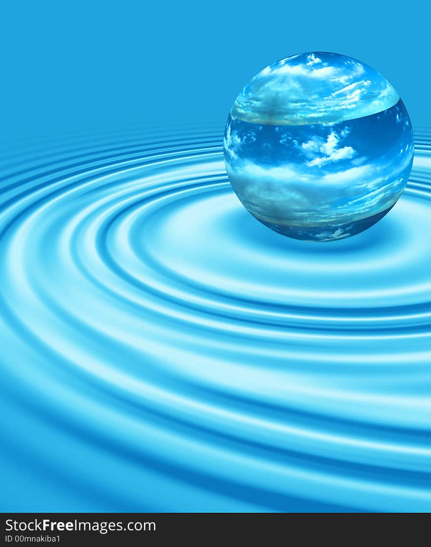 Sphere with reflection of clouds on the water ripples background