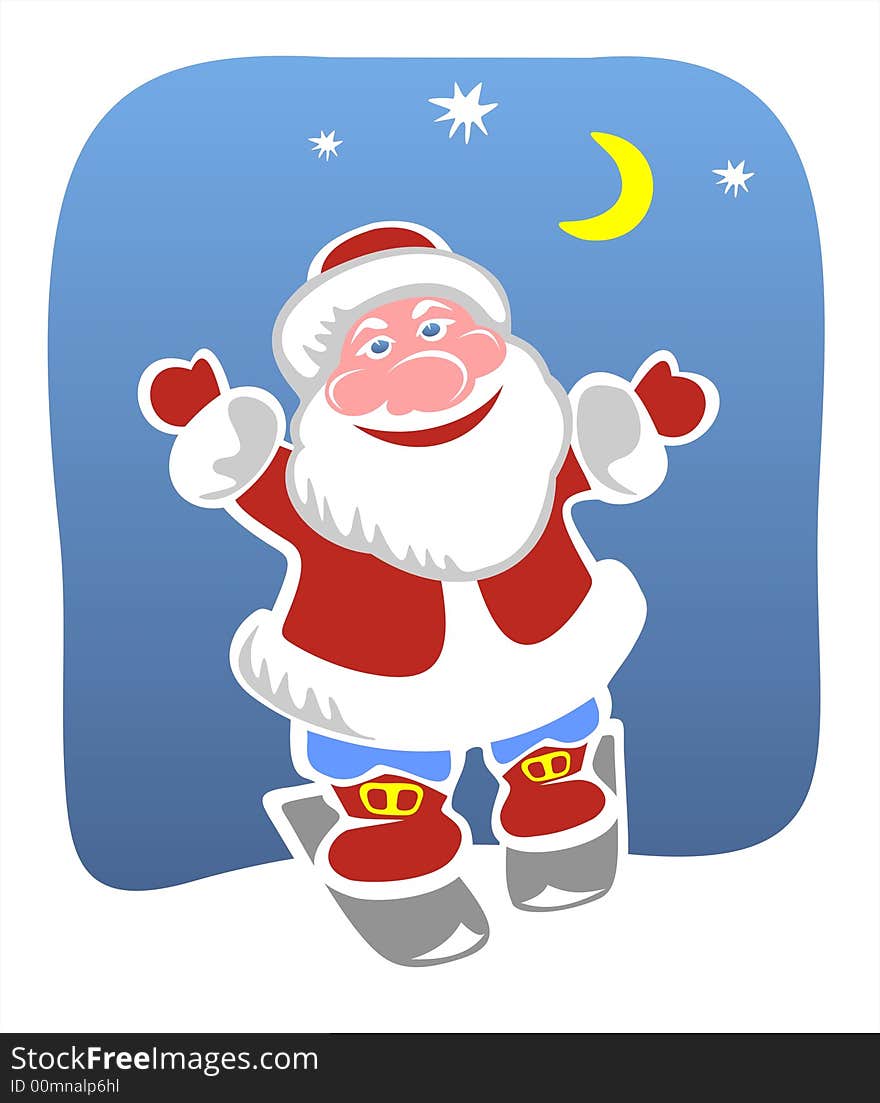 Cheerful Santa Claus on skis on a background of the night star sky.