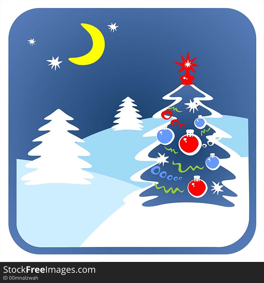 The decorated christmas fur-tree on a background of a winter landscape.