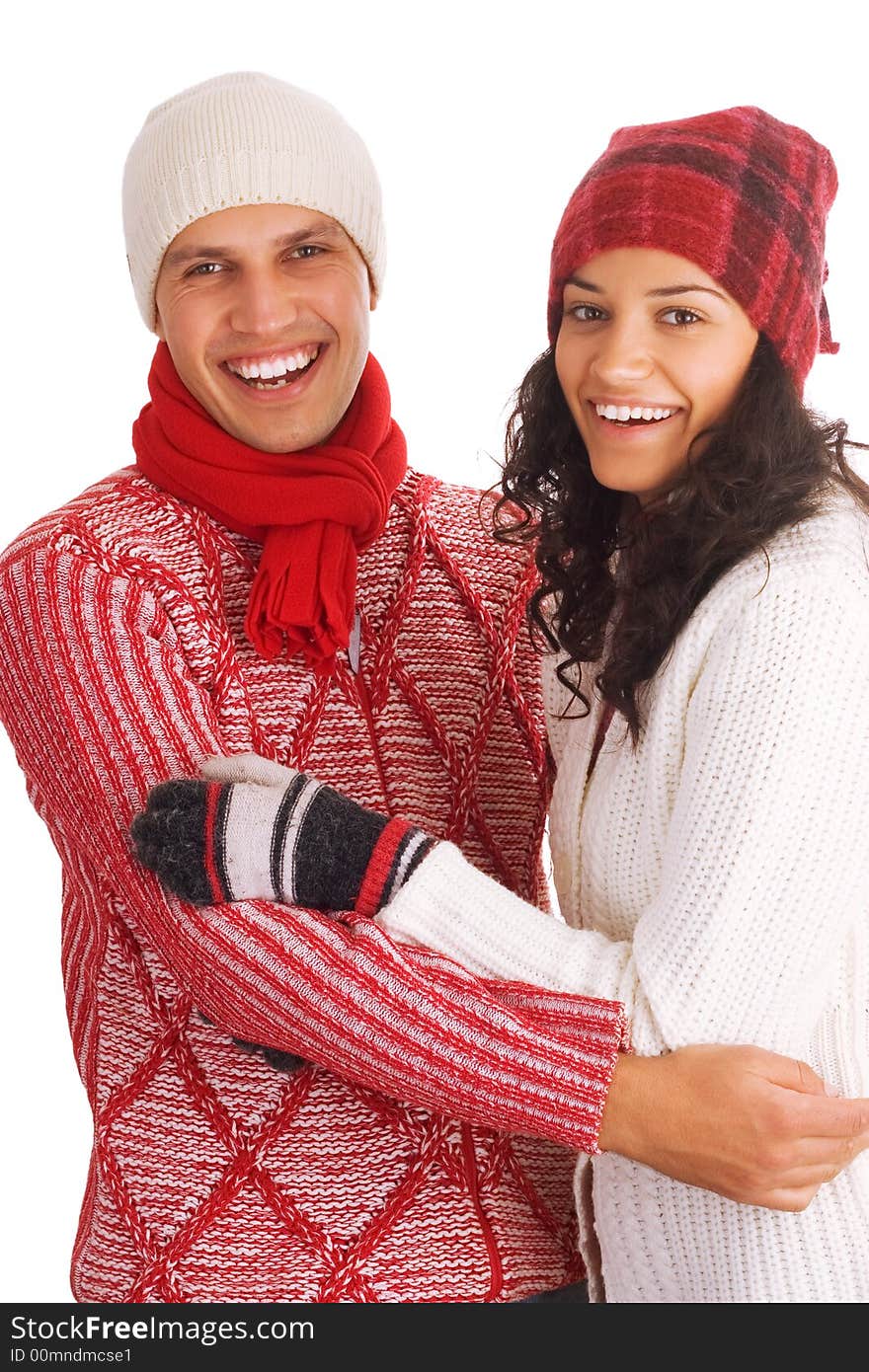 Two happy winter friends isolated on white background. Two happy winter friends isolated on white background