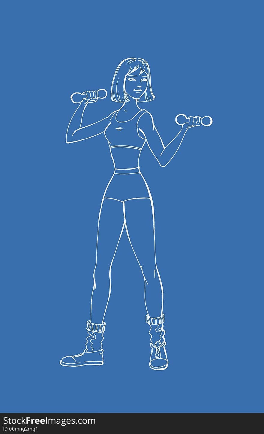 Girl with dumbbells illustration on the blue background. Girl with dumbbells illustration on the blue background