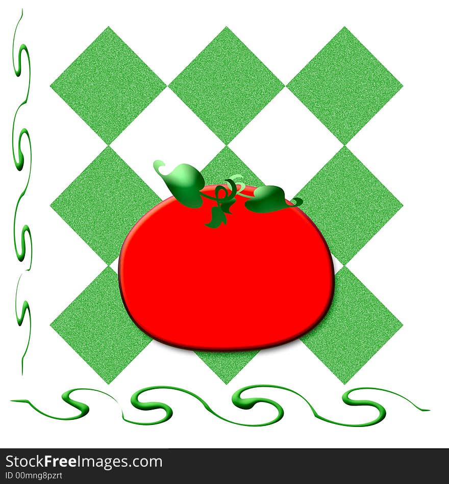 Colorful  red tomato  on tablecloth background illustration. Colorful  red tomato  on tablecloth background illustration