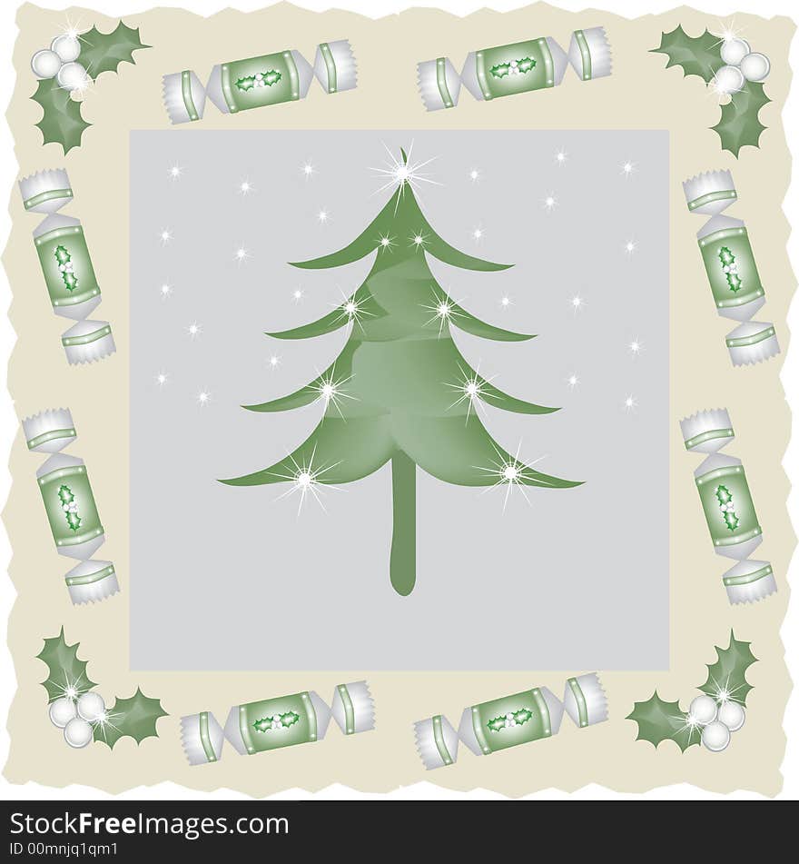 A framed christmas tree with mistletoe and crackers border. A framed christmas tree with mistletoe and crackers border