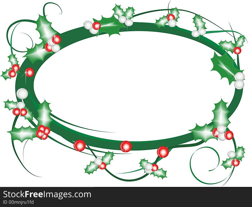 Oval shaped frame decorated with mistletoe and holly. Oval shaped frame decorated with mistletoe and holly