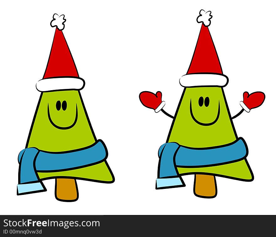 A clip art illustration of your choice of 2 smiling Christmas tree cartoon characters wearing red hats, blue scarves and one with mittens isolated on white. A clip art illustration of your choice of 2 smiling Christmas tree cartoon characters wearing red hats, blue scarves and one with mittens isolated on white