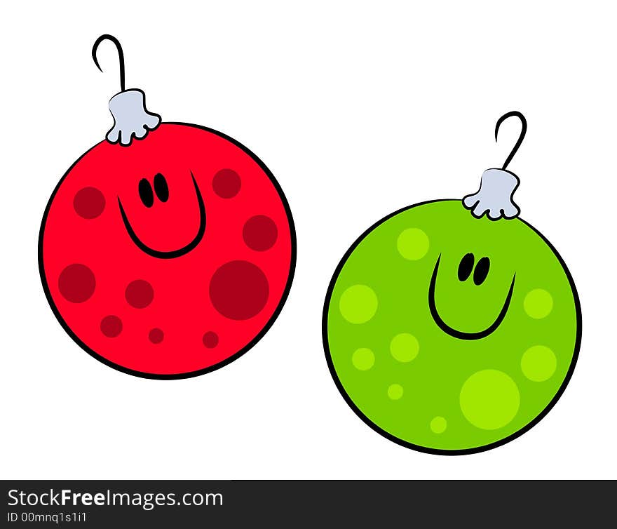 A clip art illustration of your choice of 2 smiling Christmas ornament cartoon characters in red and green. A clip art illustration of your choice of 2 smiling Christmas ornament cartoon characters in red and green