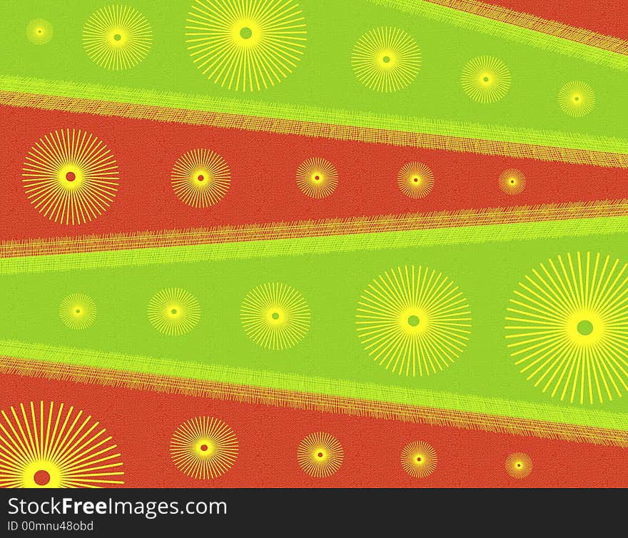 A background featuring unique striped patterns and abstract circular shapes in green,red, and yellow with rustic texture. A background featuring unique striped patterns and abstract circular shapes in green,red, and yellow with rustic texture