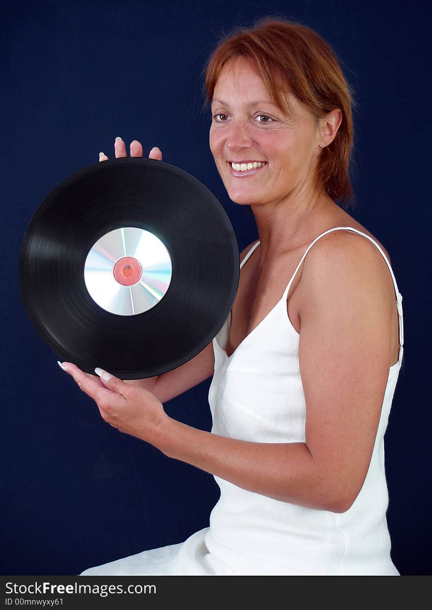 Lady with vinyl record and cd  music. Lady with vinyl record and cd  music