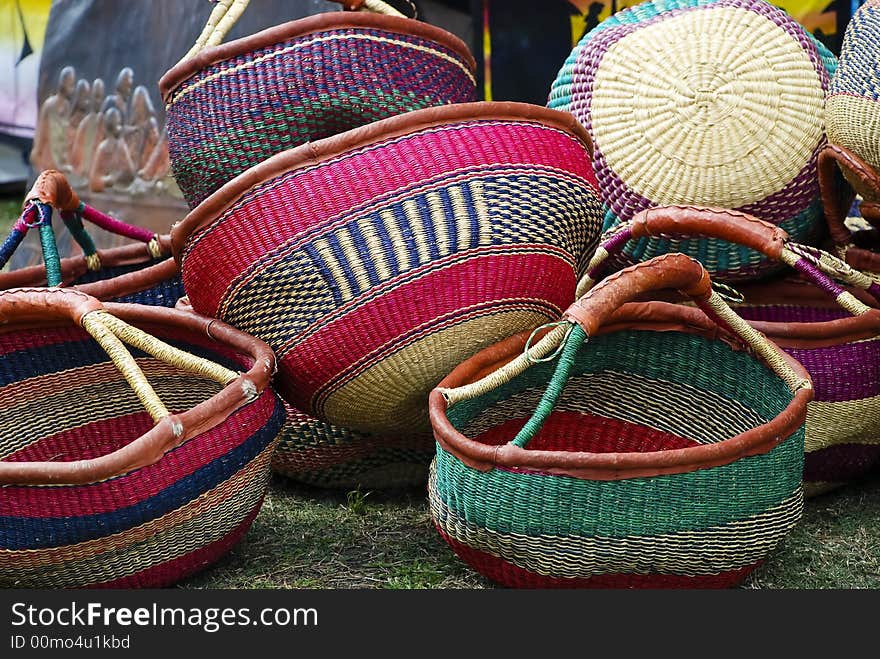 Colorful baskets laid in a pile