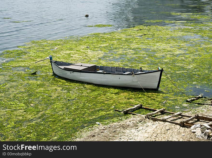 Old ship on the beach, big stones and weed