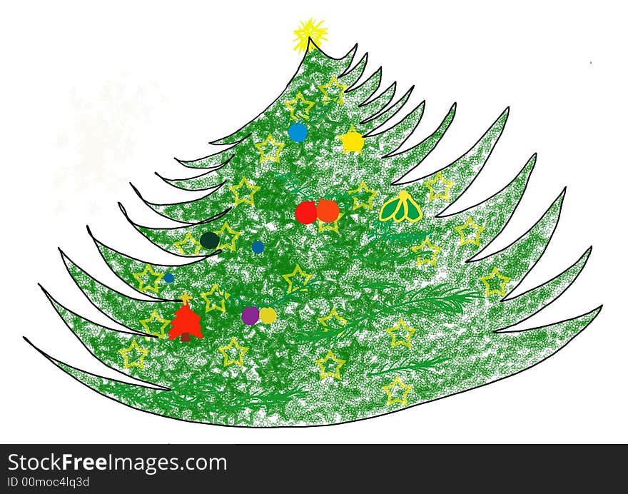 White background withChristmas tree and colored globes. Green, red yellow.