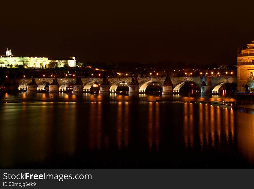 Night panorama of ancient bridge in old town