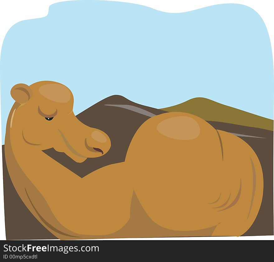 Illustration of a camel lying in a desert