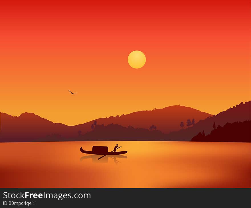 Illustration of sea sunset scene with sailing ship's silhouette. Illustration of sea sunset scene with sailing ship's silhouette.