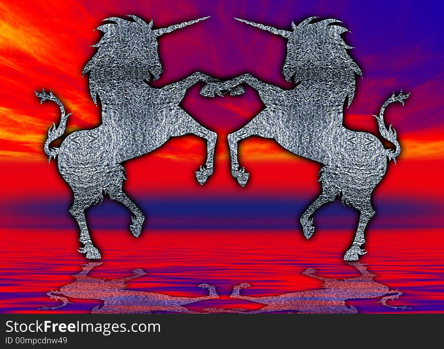 A fantastic unicorn silhouetted against the sunset in red. A fantastic unicorn silhouetted against the sunset in red