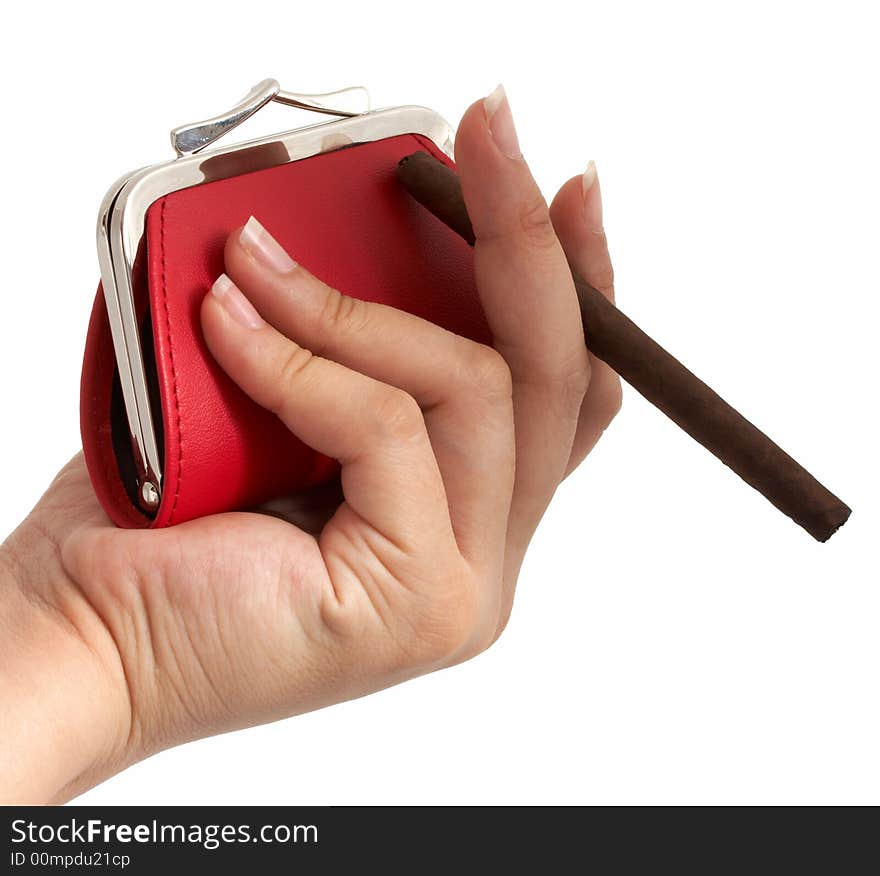 A hand holding a cigar and a red coin purse